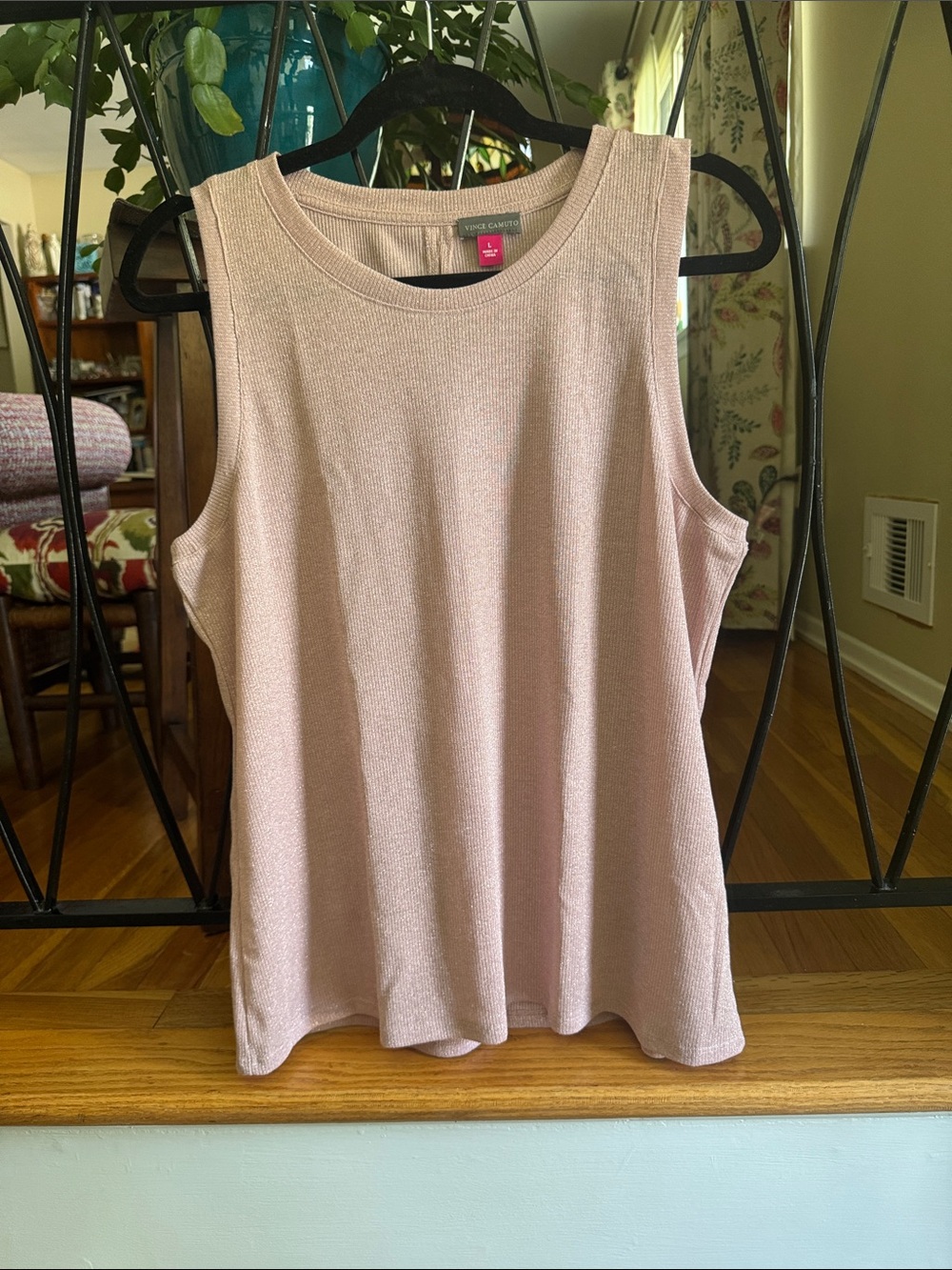 Vince Camuto Sleeveless Metallic Ribbed Tank Top in Dusty Pink